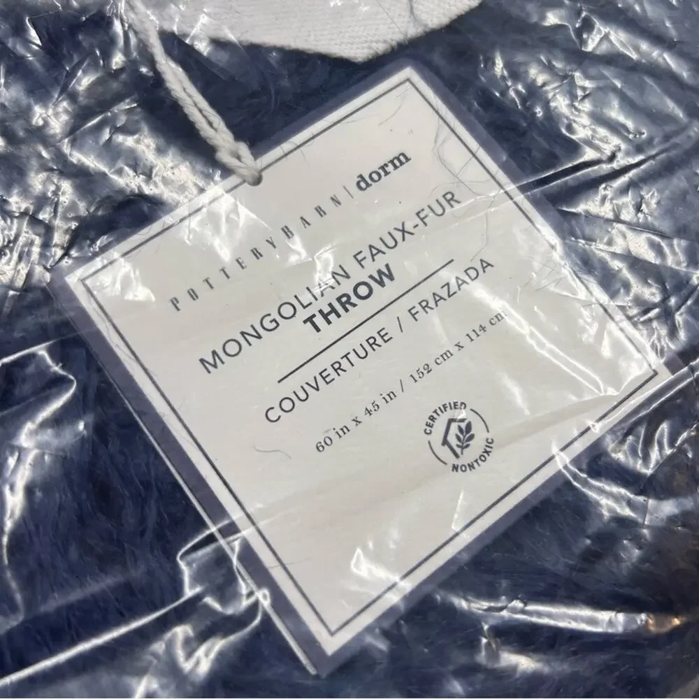 Pottery Barn Faux Mongolian Fur Throw Blanket Plush Blue 45